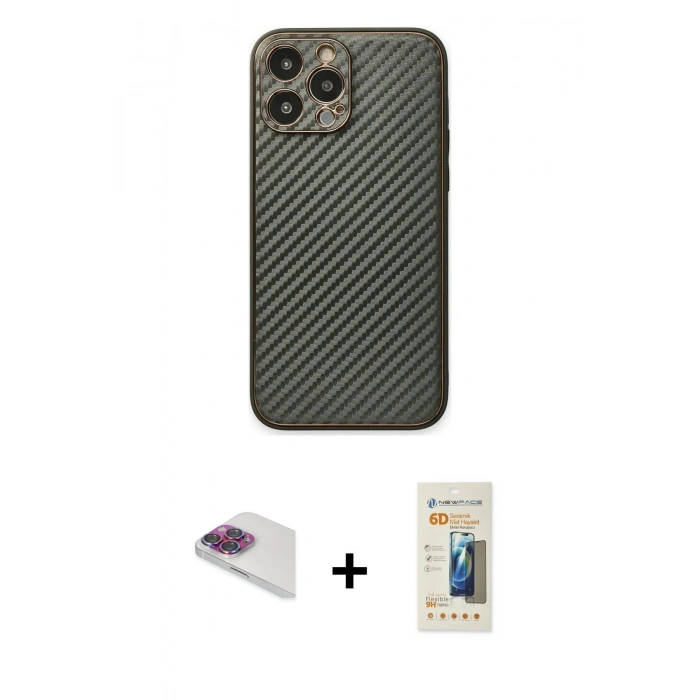 MARSİLYAN™- iPhone 13 Pro Max Kılıf Ahenk Işık - Siyah 6D Mat Seramik Hayalet Nano Ekran Koruyucu + Pers Alüminyum Kamera Lens - GI