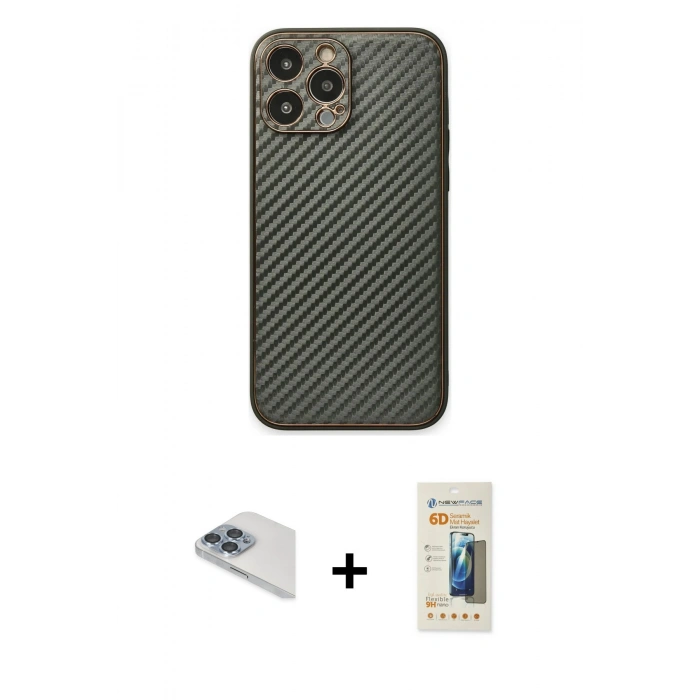 MARSİLYAN™- iPhone 13 Pro Max Kılıf Ahenk Işık - Siyah 6D Mat Seramik Hayalet Nano Ekran Koruyucu + Pers Alüminyum Kamera Lens - SABE
