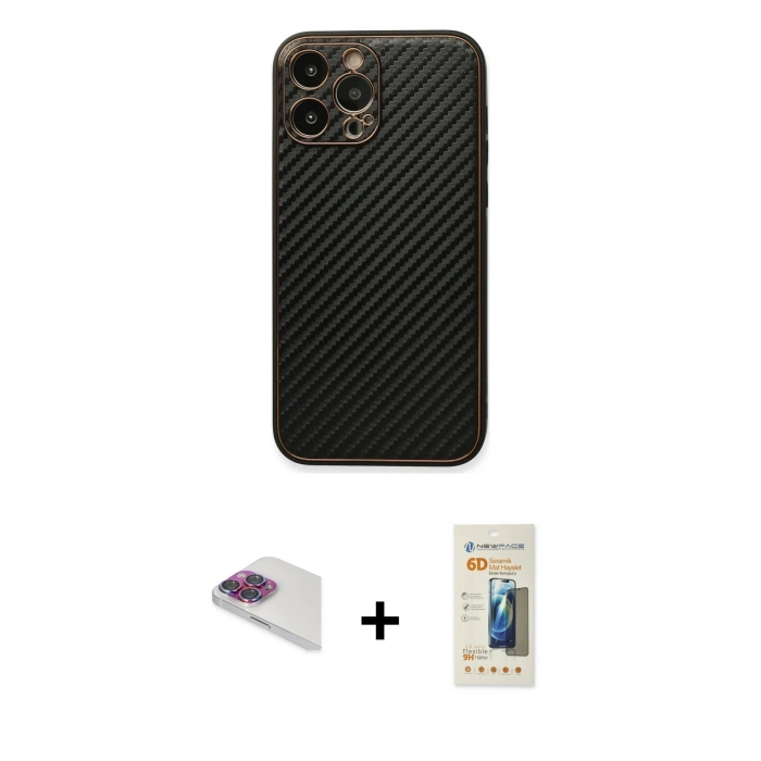 MARSİLYAN™- iPhone 13 Pro Max Kılıf Ahenk Işık - Siyah 6D Mat Seramik Hayalet Nano Ekran Koruyucu + Pers Alüminyum Kamera Lens - GI
