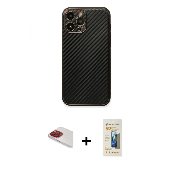 MARSİLYAN™- iPhone 13 Pro Max Kılıf Ahenk Işık - Siyah 6D Mat Seramik Hayalet Nano Ekran Koruyucu + Pers Alüminyum Kamera Lens - KI