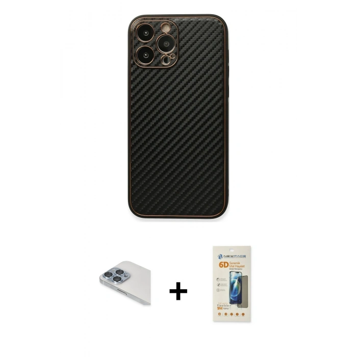 MARSİLYAN™- iPhone 13 Pro Max Kılıf Ahenk Işık - Siyah 6D Mat Seramik Hayalet Nano Ekran Koruyucu + Pers Alüminyum Kamera Lens - SABE