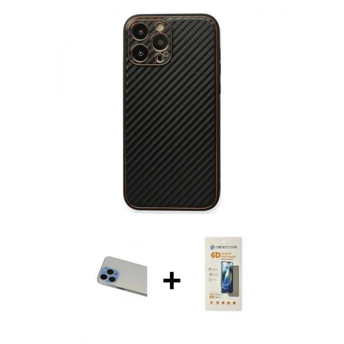 MARSİLYAN™- iPhone 13 Pro Max Kılıf Ahenk Işık - Siyah 6D Mat Seramik Hayalet Nano Ekran Koruyucu + Rainbow Kamera Lens Koruma Cam - MI