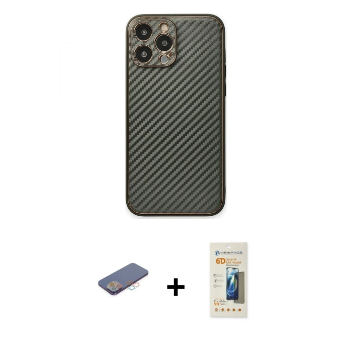 MARSİLYAN™- iPhone 13 Pro Max Kılıf Ahenk Işık - Siyah 6D Mat Seramik Hayalet Nano Ekran Koruyucu + Renkli Kamera Lens Koruma Cam - PE