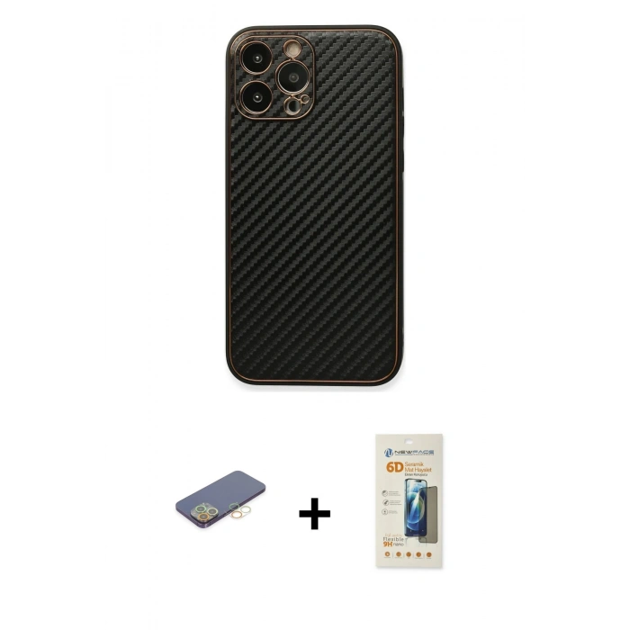 MARSİLYAN™- iPhone 13 Pro Max Kılıf Ahenk Işık - Siyah 6D Mat Seramik Hayalet Nano Ekran Koruyucu + Renkli Kamera Lens Koruma Cam - SI