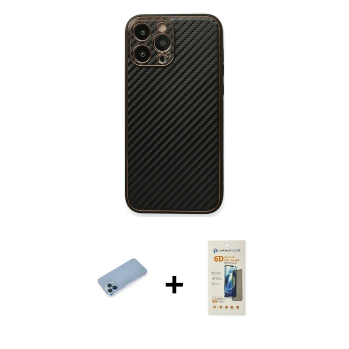 MARSİLYAN™- iPhone 13 Pro Max Kılıf Ahenk Işık - Siyah 6D Mat Seramik Hayalet Nano Ekran Koruyucu + Shine Kamera Lens Koruma Cam - MI