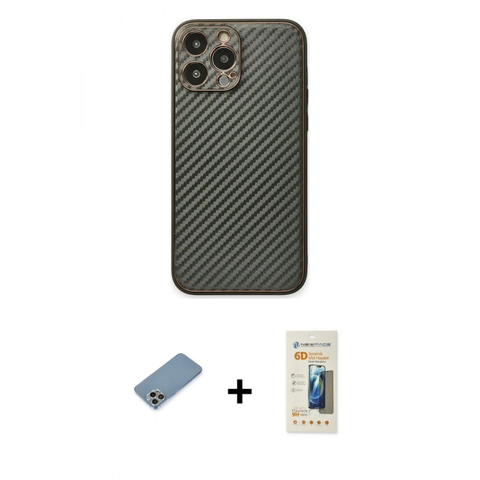 MARSİLYAN™- iPhone 13 Pro Max Kılıf Ahenk Işık - Siyah 6D Mat Seramik Hayalet Nano Ekran Koruyucu + Shine Kamera Lens Koruma Cam - GI
