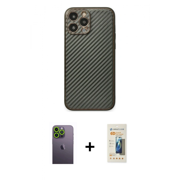 MARSİLYAN™- iPhone 13 Pro Max Kılıf Ahenk Işık - Siyah 6D Mat Seramik Hayalet Nano Ekran Koruyucu + Neon Fosforlu Kamera Lens - YL