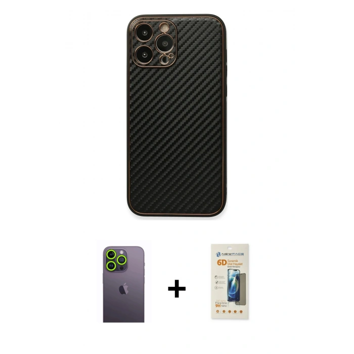 MARSİLYAN™- iPhone 13 Pro Max Kılıf Ahenk Işık - Siyah 6D Mat Seramik Hayalet Nano Ekran Koruyucu + Neon Fosforlu Kamera Lens - YL
