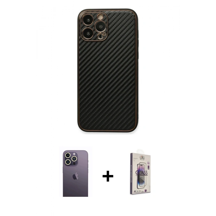 MARSİLYAN™- iPhone 13 Pro Max Kılıf Ahenk Işık - Siyah Bilvis 3D Cam Ekran Koruyucu + Neon Fosforlu Kamera Lens - BZ
