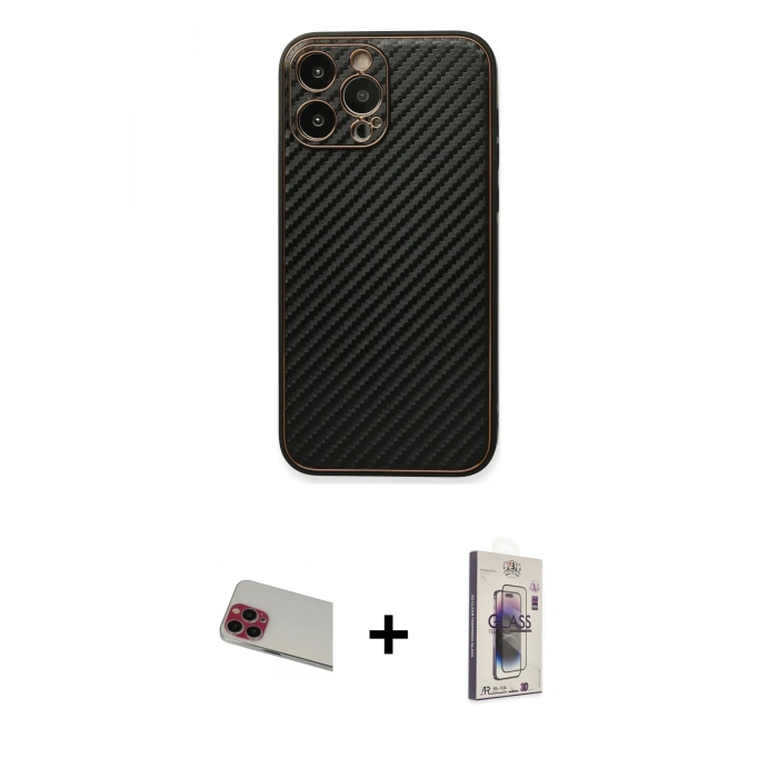 MARSİLYAN™- iPhone 13 Pro Max Kılıf Ahenk Işık - Siyah Bilvis 3D Cam Ekran Koruyucu + Rainbow Kamera Lens Koruma Cam - KI