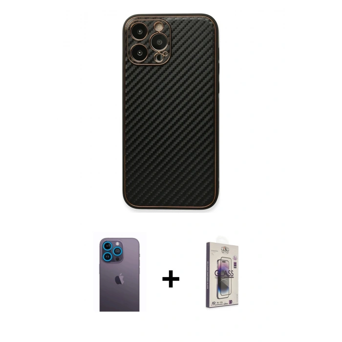 MARSİLYAN™- iPhone 13 Pro Max Kılıf Ahenk Işık - Siyah Bilvis 3D Cam Ekran Koruyucu + Neon Fosforlu Kamera Lens - MI