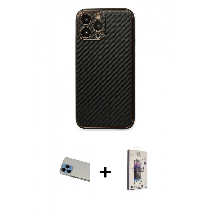 MARSİLYAN™- iPhone 13 Pro Max Kılıf Ahenk Işık - Siyah Bilvis 3D Cam Ekran Koruyucu + Mavi Rainbow Kamera Lens Koruma Cam