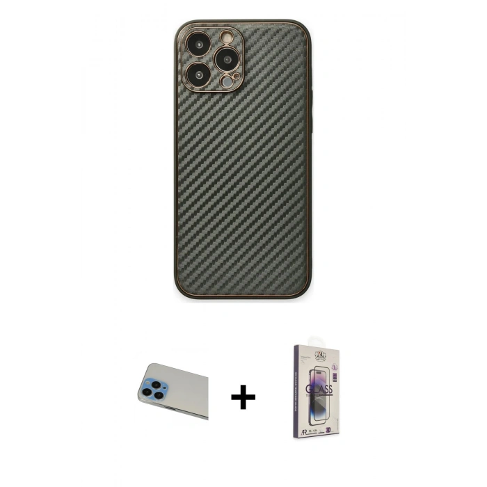 MARSİLYAN™- iPhone 13 Pro Max Kılıf Ahenk Işık - Siyah Bilvis 3D Cam Ekran Koruyucu + Mavi Rainbow Kamera Lens Koruma Cam