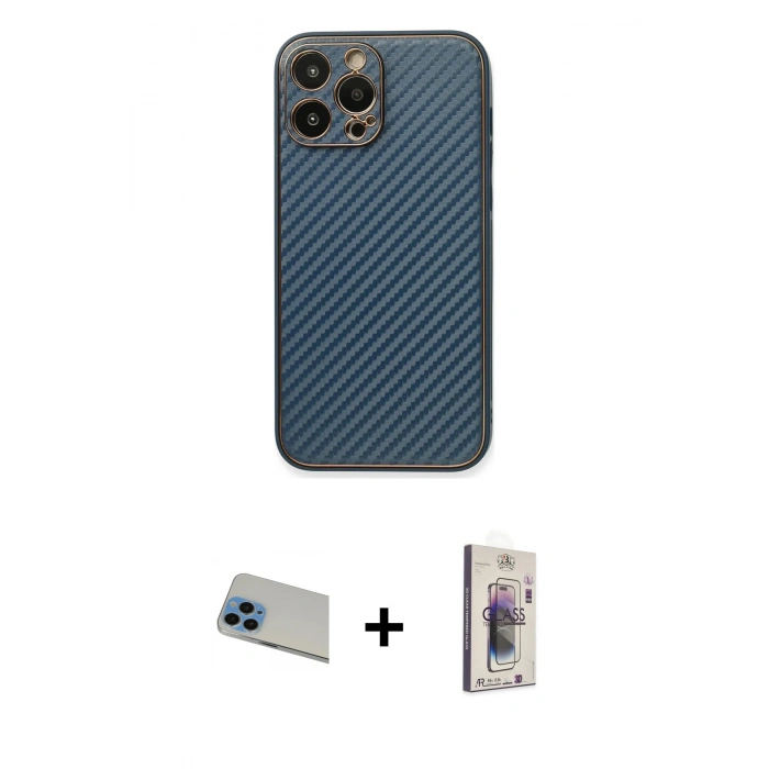 MARSİLYAN™- iPhone 13 Pro Max Kılıf Ahenk Işık - Siyah Bilvis 3D Cam Ekran Koruyucu + Mavi Rainbow Kamera Lens Koruma Cam
