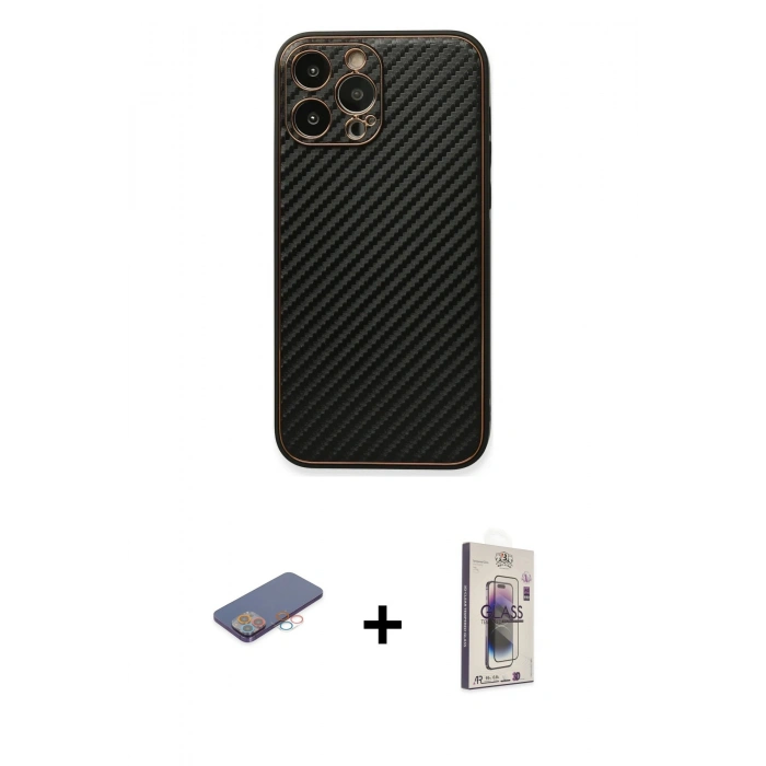 MARSİLYAN™- iPhone 13 Pro Max Kılıf Ahenk Işık - Siyah Bilvis 3D Cam Ekran Koruyucu + Renkli Kamera Lens Koruma Cam - PE