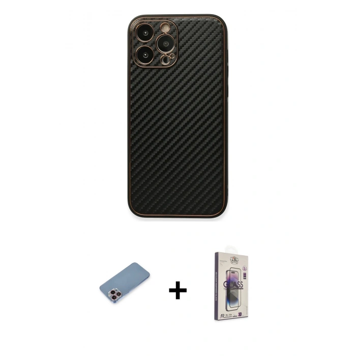 MARSİLYAN™- iPhone 13 Pro Max Kılıf Ahenk Işık - Siyah Bilvis 3D Cam Ekran Koruyucu + Pembe Shine Kamera Lens Koruma Cam