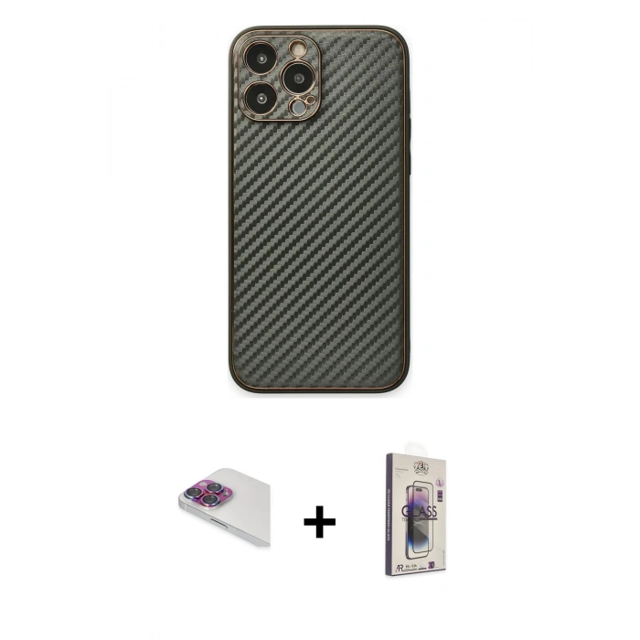 MARSİLYAN™- iPhone 13 Pro Max Kılıf Ahenk Işık - Siyah Bilvis 3D Cam Ekran Koruyucu + Pers Alüminyum Kamera Lens - GI