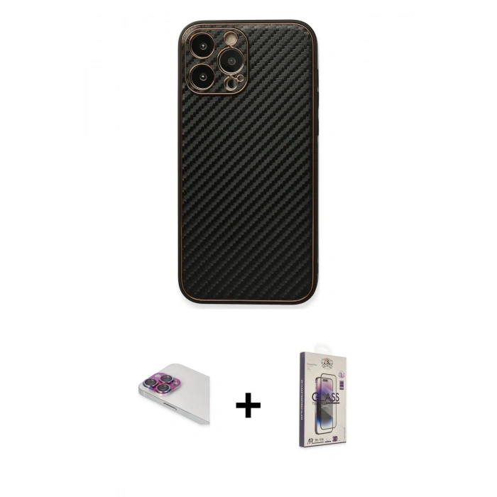 MARSİLYAN™- iPhone 13 Pro Max Kılıf Ahenk Işık - Siyah Bilvis 3D Cam Ekran Koruyucu + Pers Alüminyum Kamera Lens - GI