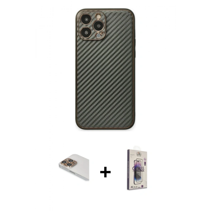MARSİLYAN™- iPhone 13 Pro Max Kılıf Ahenk Işık - Siyah Bilvis 3D Cam Ekran Koruyucu + Pers Alüminyum Kamera Lens - GD