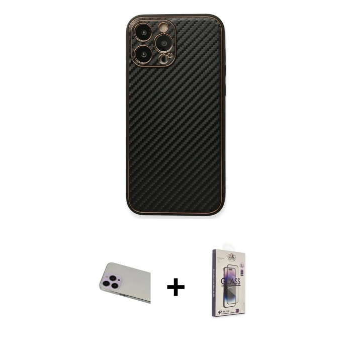 MARSİLYAN™- iPhone 13 Pro Max Kılıf Ahenk Işık - Siyah Bilvis 3D Cam Ekran Koruyucu + Rainbow Kamera Lens Koruma Cam - MR
