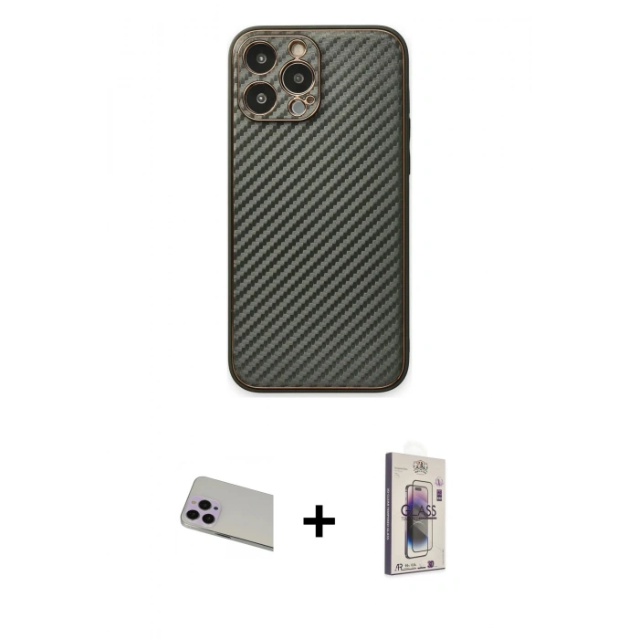 MARSİLYAN™- iPhone 13 Pro Max Kılıf Ahenk Işık - Siyah Bilvis 3D Cam Ekran Koruyucu + Rainbow Kamera Lens Koruma Cam - MR