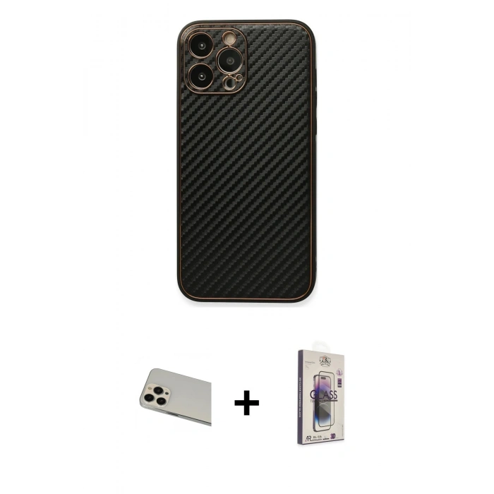 MARSİLYAN™- iPhone 13 Pro Max Kılıf Ahenk Işık - Siyah Bilvis 3D Cam Ekran Koruyucu + Rainbow Kamera Lens Koruma Cam - REGD