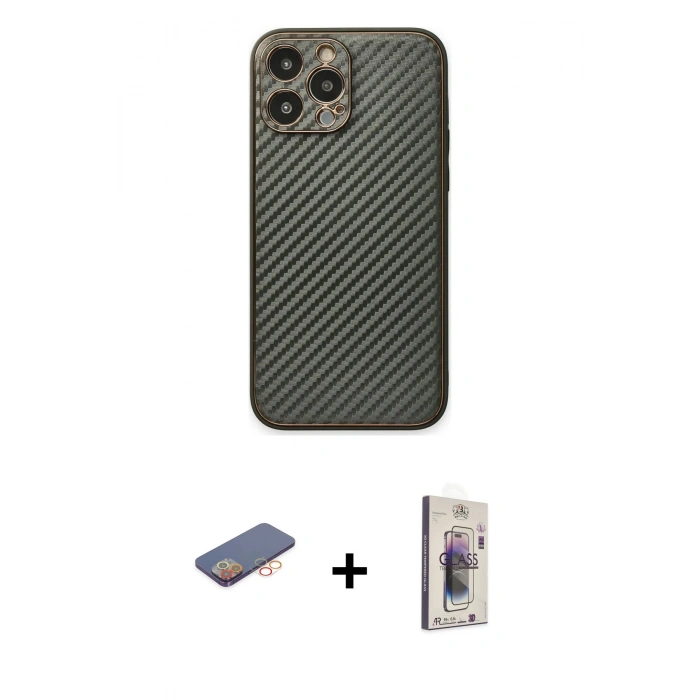 MARSİLYAN™- iPhone 13 Pro Max Kılıf Ahenk Işık - Siyah Bilvis 3D Cam Ekran Koruyucu + Renkli Kamera Lens Koruma Cam - TU