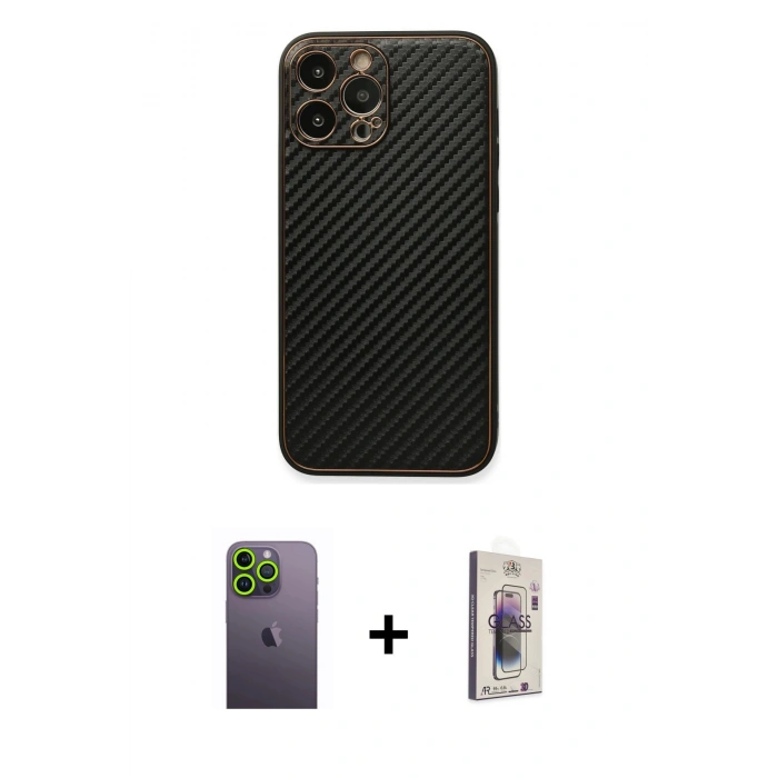 MARSİLYAN™- iPhone 13 Pro Max Kılıf Ahenk Işık - Siyah Bilvis 3D Cam Ekran Koruyucu + Neon Fosforlu Kamera Lens - YL