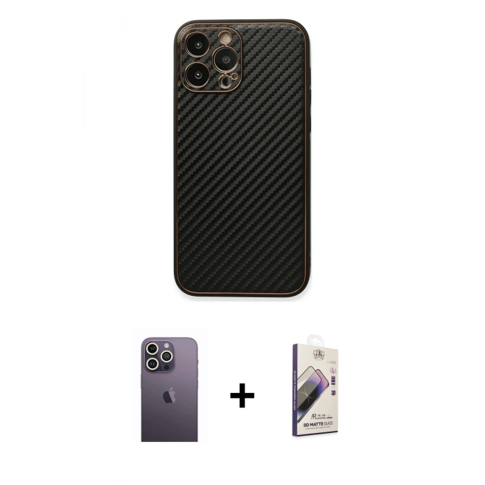 MARSİLYAN™- iPhone 13 Pro Max Kılıf Ahenk Işık - Siyah Bilvis 3D Mat Cam Ekran Koruyucu + Neon Fosforlu Kamera Lens - BZ