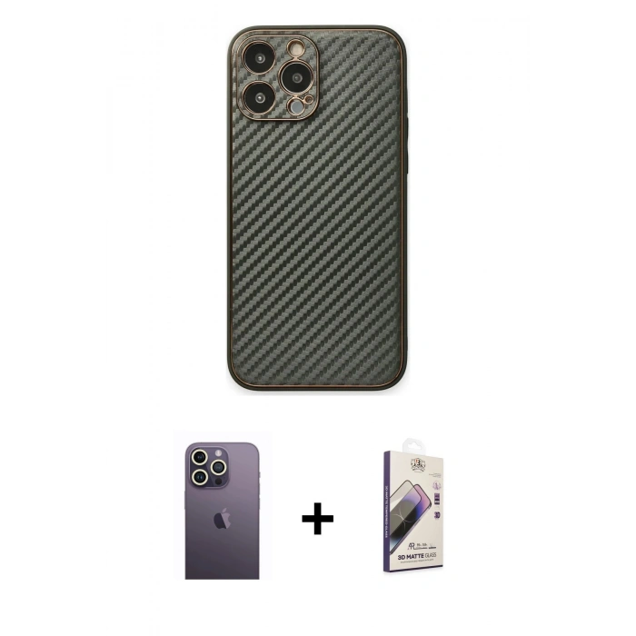 MARSİLYAN™- iPhone 13 Pro Max Kılıf Ahenk Işık - Siyah Bilvis 3D Mat Cam Ekran Koruyucu + Neon Fosforlu Kamera Lens - BZ