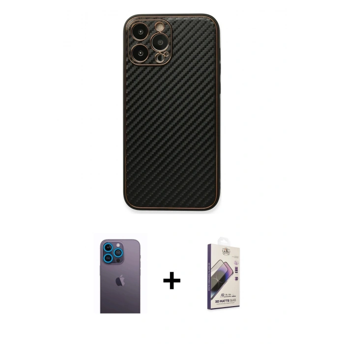 MARSİLYAN™- iPhone 13 Pro Max Kılıf Ahenk Işık - Siyah Bilvis 3D Mat Cam Ekran Koruyucu + Neon Fosforlu Kamera Lens - MI