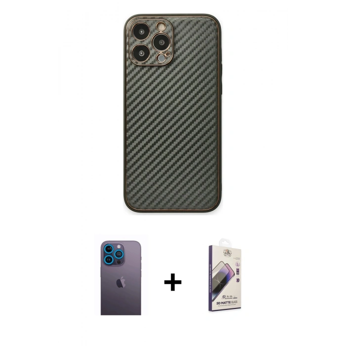 MARSİLYAN™- iPhone 13 Pro Max Kılıf Ahenk Işık - Siyah Bilvis 3D Mat Cam Ekran Koruyucu + Neon Fosforlu Kamera Lens - MI