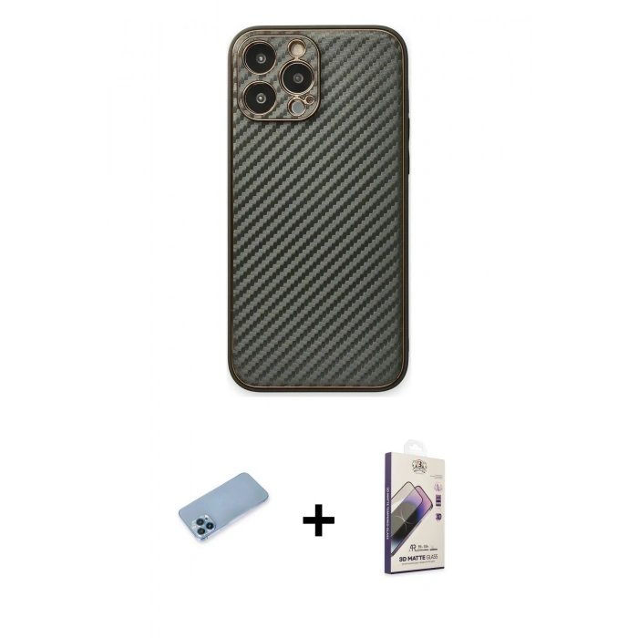 MARSİLYAN™- iPhone 13 Pro Max Kılıf Ahenk Işık - Siyah Bilvis 3D Mat Cam Ekran Koruyucu + Shine Kamera Lens Koruma Cam - MI