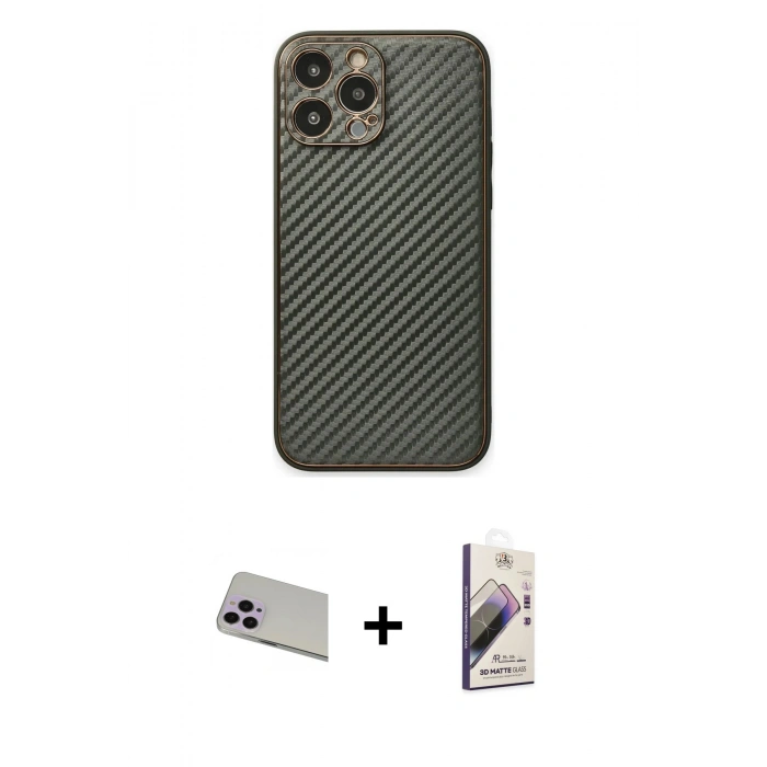 MARSİLYAN™- iPhone 13 Pro Max Kılıf Ahenk Işık - Siyah Bilvis 3D Mat Cam Ekran Koruyucu + Mor Rainbow Kamera Lens Koruma Cam