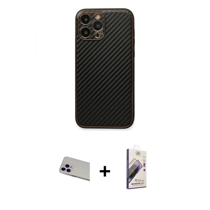 MARSİLYAN™- iPhone 13 Pro Max Kılıf Ahenk Işık - Siyah Bilvis 3D Mat Cam Ekran Koruyucu + Mor Rainbow Kamera Lens Koruma Cam