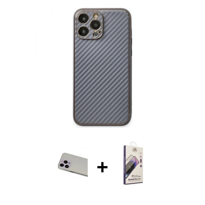 MARSİLYAN™- iPhone 13 Pro Max Kılıf Ahenk Işık - Siyah Bilvis 3D Mat Cam Ekran Koruyucu + Mor Rainbow Kamera Lens Koruma Cam