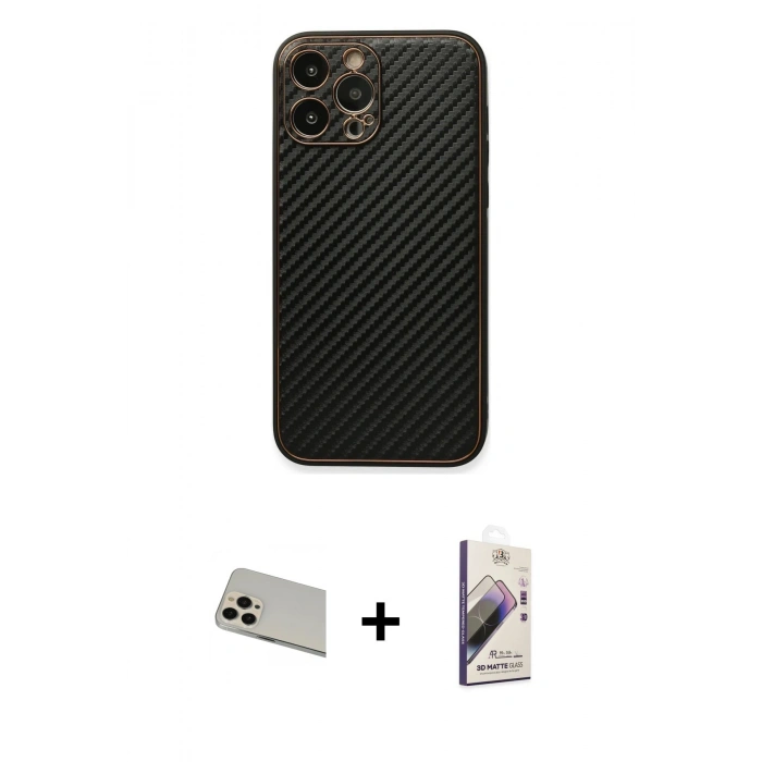 MARSİLYAN™- iPhone 13 Pro Max Kılıf Ahenk Işık - Siyah Bilvis 3D Mat Cam Ekran Koruyucu + Rainbow Kamera Lens Koruma Cam - REGD