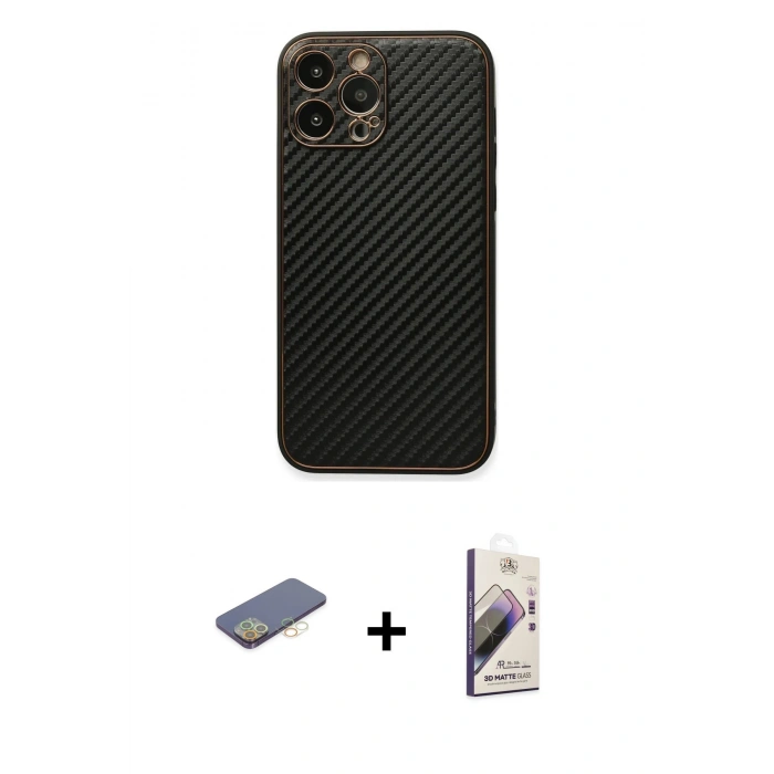 MARSİLYAN™- iPhone 13 Pro Max Kılıf Ahenk Işık - Siyah Bilvis 3D Mat Cam Ekran Koruyucu + Renkli Kamera Lens Koruma Cam - SI