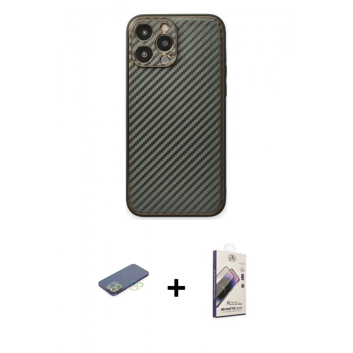 MARSİLYAN™- iPhone 13 Pro Max Kılıf Ahenk Işık - Siyah Bilvis 3D Mat Cam Ekran Koruyucu + Renkli Kamera Lens Koruma Cam - YL