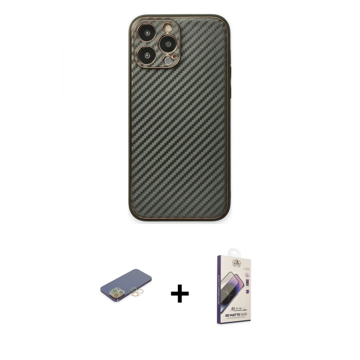 MARSİLYAN™- iPhone 13 Pro Max Kılıf Ahenk Işık - Siyah Bilvis 3D Mat Cam Ekran Koruyucu + Renkli Kamera Lens Koruma Cam - SI