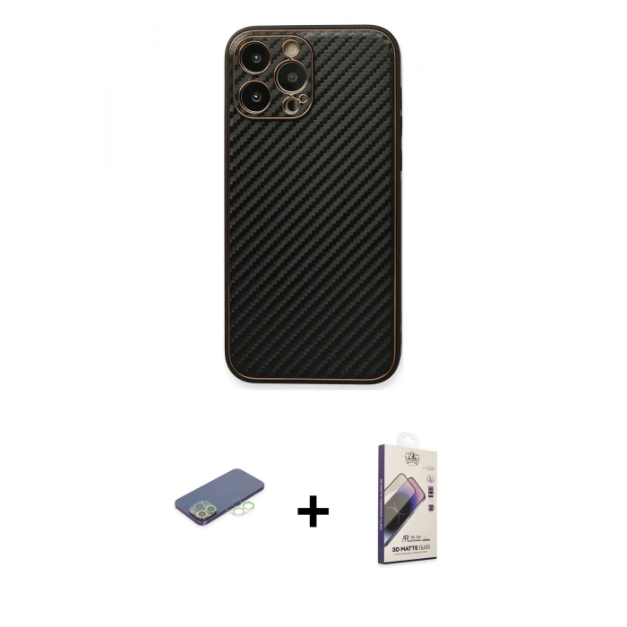 MARSİLYAN™- iPhone 13 Pro Max Kılıf Ahenk Işık - Siyah Bilvis 3D Mat Cam Ekran Koruyucu + Renkli Kamera Lens Koruma Cam - YL