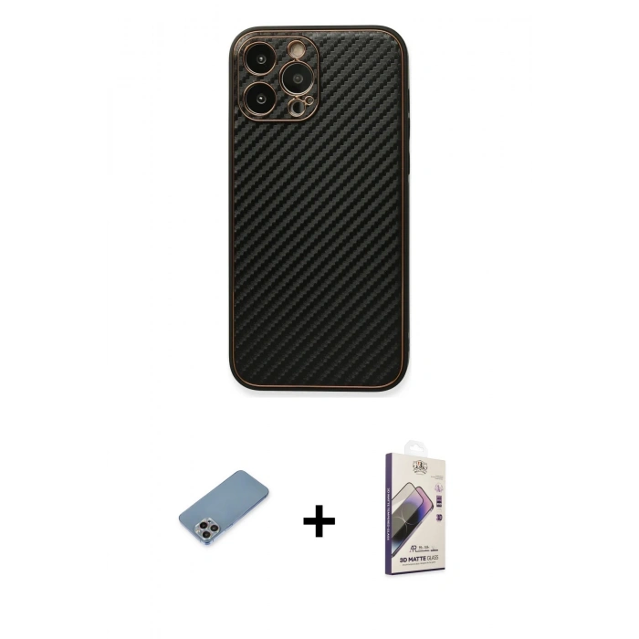 MARSİLYAN™- iPhone 13 Pro Max Kılıf Ahenk Işık - Siyah Bilvis 3D Mat Cam Ekran Koruyucu + Shine Kamera Lens Koruma Cam - GI