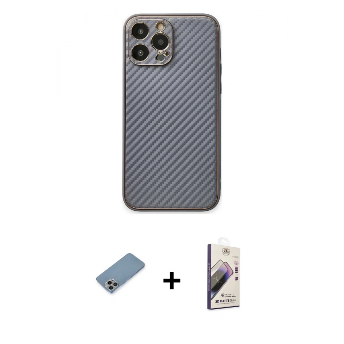 MARSİLYAN™- iPhone 13 Pro Max Kılıf Ahenk Işık - Siyah Bilvis 3D Mat Cam Ekran Koruyucu + Shine Kamera Lens Koruma Cam - GI