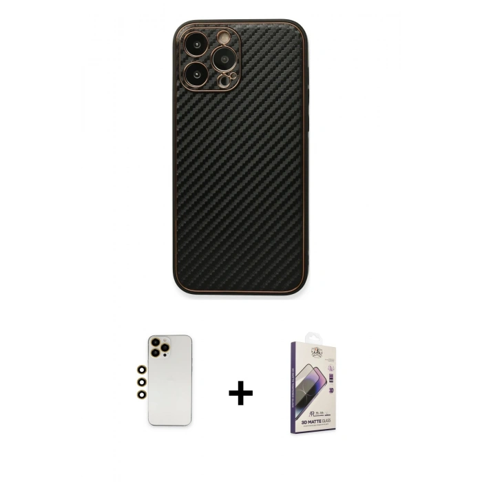 MARSİLYAN™- iPhone 13 Pro Max Kılıf Ahenk Işık - Siyah Bilvis 3D Mat Cam Ekran Koruyucu + Shine Kamera Lens - GD