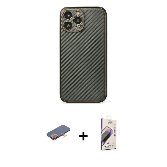 MARSİLYAN™- iPhone 13 Pro Max Kılıf Ahenk Işık - Siyah Bilvis 3D Mat Cam Ekran Koruyucu + Renkli Kamera Lens Koruma Cam - TU
