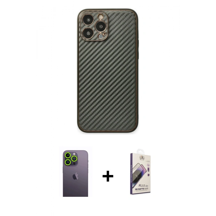 MARSİLYAN™- iPhone 13 Pro Max Kılıf Ahenk Işık - Siyah Bilvis 3D Mat Cam Ekran Koruyucu + Neon Fosforlu Kamera Lens - YL