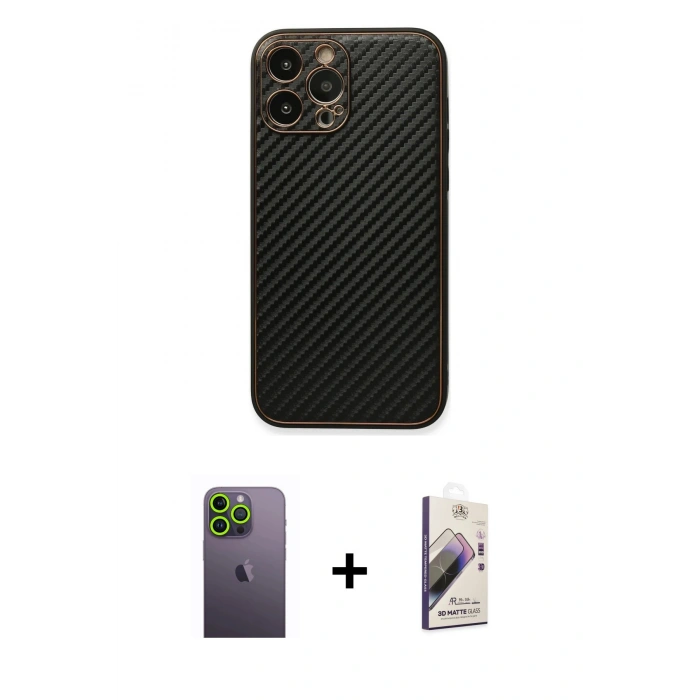 MARSİLYAN™- iPhone 13 Pro Max Kılıf Ahenk Işık - Siyah Bilvis 3D Mat Cam Ekran Koruyucu + Neon Fosforlu Kamera Lens - YL