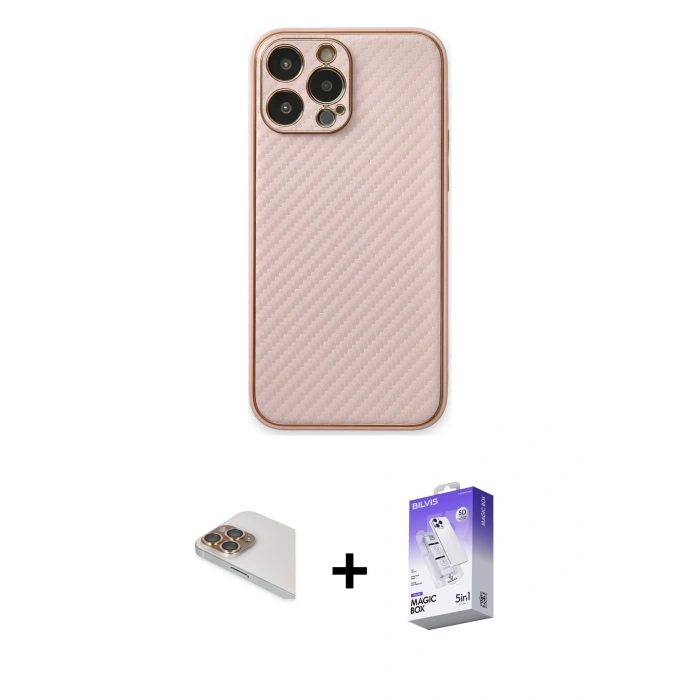 MARSİLYAN™- iPhone 13 Pro Max Kılıf Ahenk Işık - Siyah Bilvis 5in1 3D Magic Cam Ekran Koruyucu + Gold Pers Alüminyum Kamera Lens