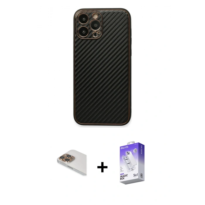 MARSİLYAN™- iPhone 13 Pro Max Kılıf Ahenk Işık - Siyah Bilvis 5in1 3D Magic Cam Ekran Koruyucu + Gold Pers Alüminyum Kamera Lens