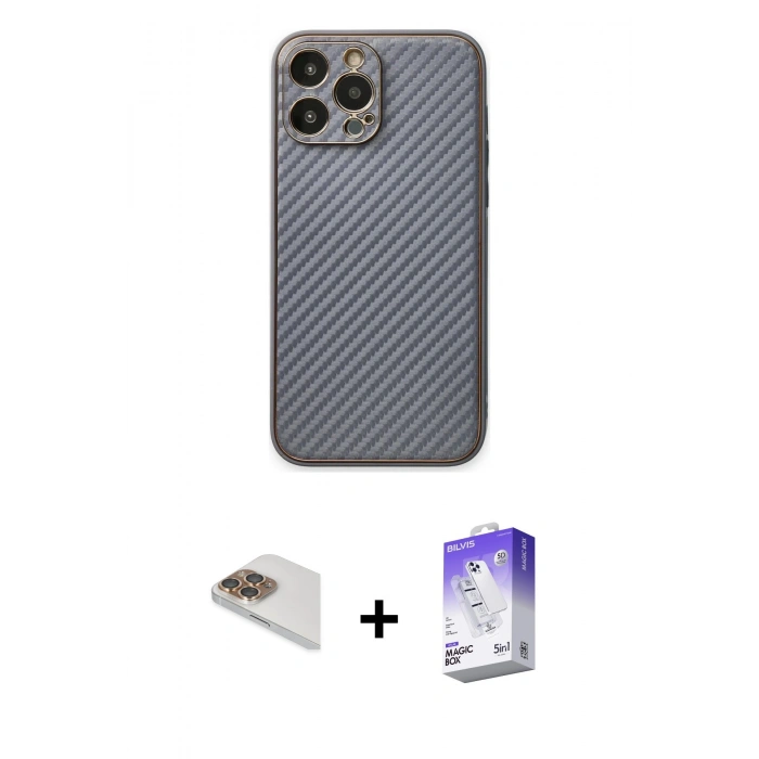 MARSİLYAN™- iPhone 13 Pro Max Kılıf Ahenk Işık - Siyah Bilvis 5in1 3D Magic Cam Ekran Koruyucu + Gold Pers Alüminyum Kamera Lens